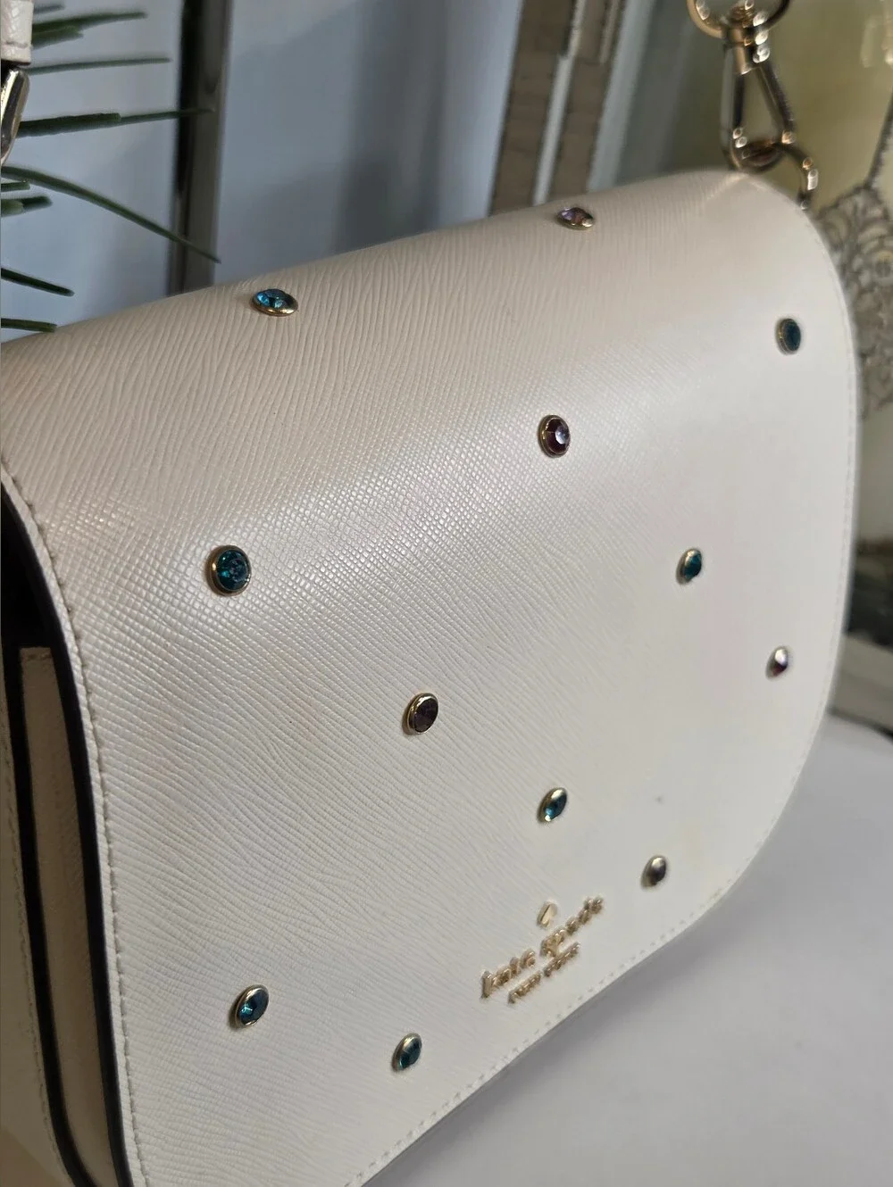 Kate Spade Madison Saffiano Leather Studded Saddle Bag Meringue